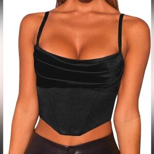 Lovesome Black Satin Spaghetti Strap Bustier Cowl Crop Top Size Medium